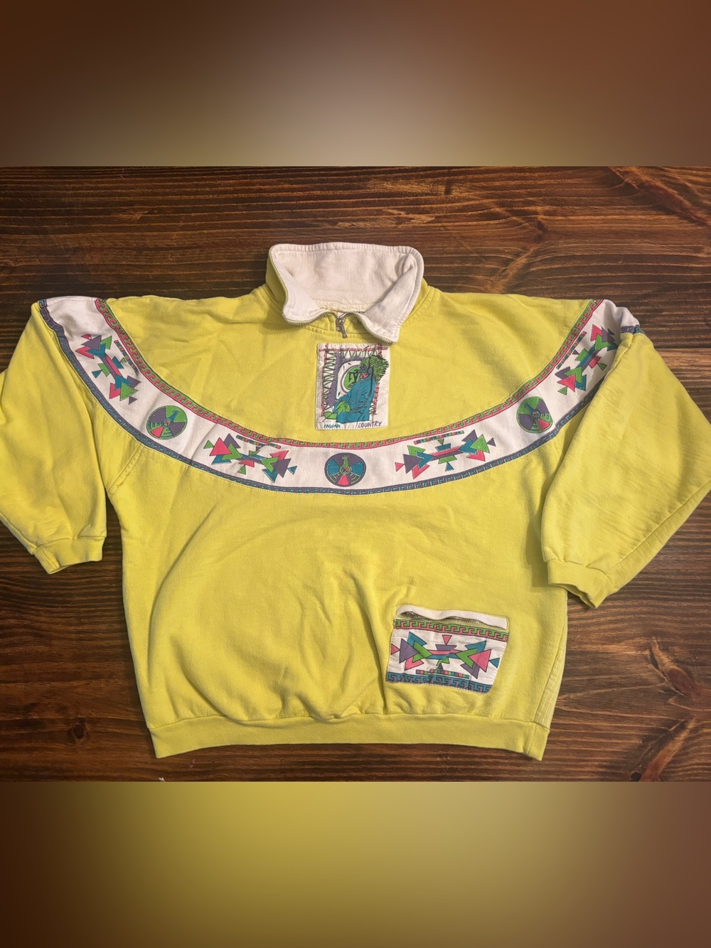 Vintage 80s Southwestern Quarter Zip Sweatshirt Neon Yellow Geometric Size Small